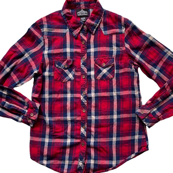 ANGIE Womens Large Juniors Flannel Shirt Red Plaid Long Sleeve Button Up SLIM - Picture 2 of 6